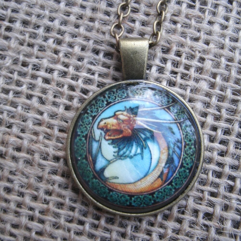 Dragon & Knotwork Glass Cabochon Pendant Necklace
